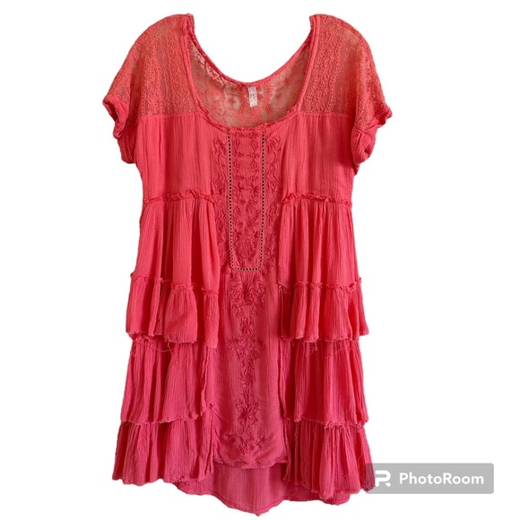 Free People Sunbeam Gauze Lace Tiered Dress Coral Size Small - Picture 2 of 15